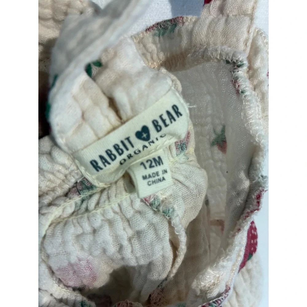 Rabbit + Bear Pinafore Strawberry Print Cottage Baby Girls 12M Cream Excellent
